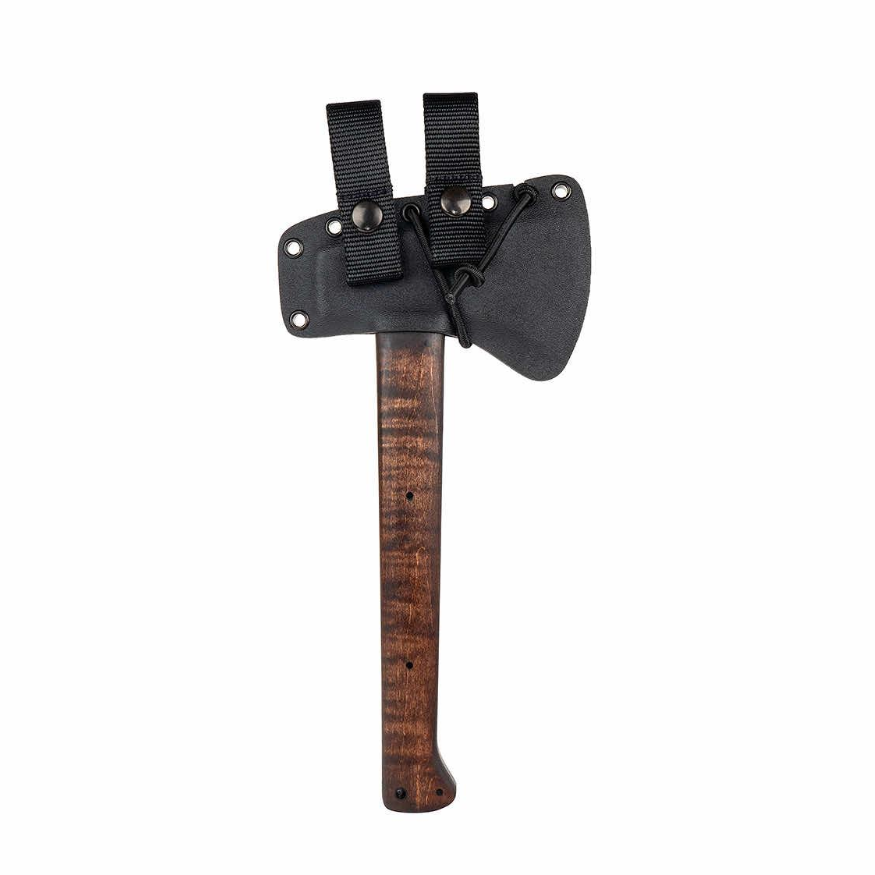 Winkler Highland Hatchet maple handle secured in lined Kydex quick access carrier built for fast deployment and secure belt or pack carry
