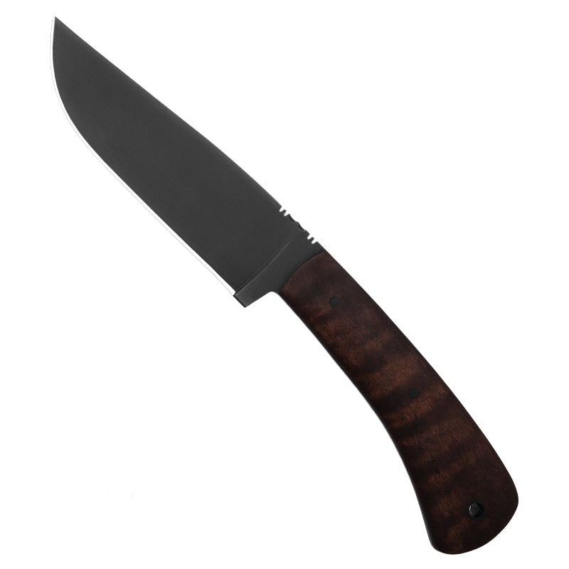Close up of 4.75 inch 80CrV2 high carbon steel blade with black oxide finish on Winkler Highland Hunter maple handle variant
