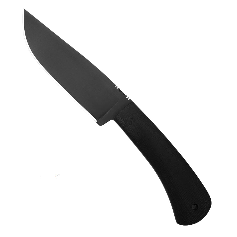 Close detail of black oxide finished 80CrV2 blade on Winkler Highland Hunter black laminate handle variant