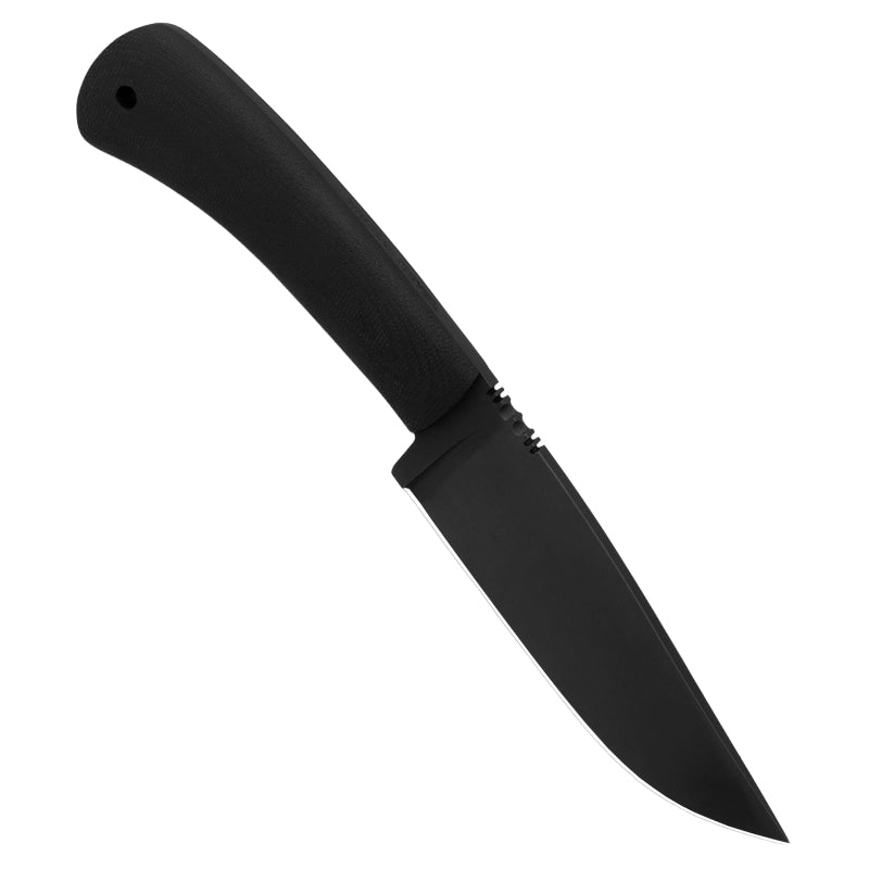 Spine view of Winkler Highland Hunter black laminate version showing full tapered tang and skeletonized construction
