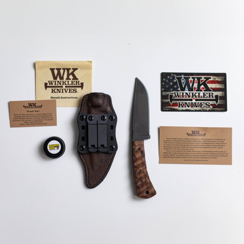 Winkler Knives Highland Hunter fixed blade knife shown with Boltaron lined leather sheath and Discreet Carry spring steel belt clip included in the box