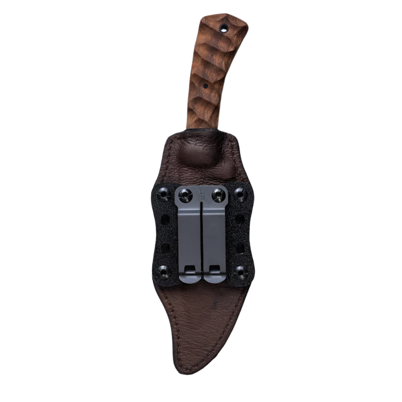 Winkler Highland Hunter walnut fixed blade mounted in leather covered Boltaron sheath for discreet belt carry
