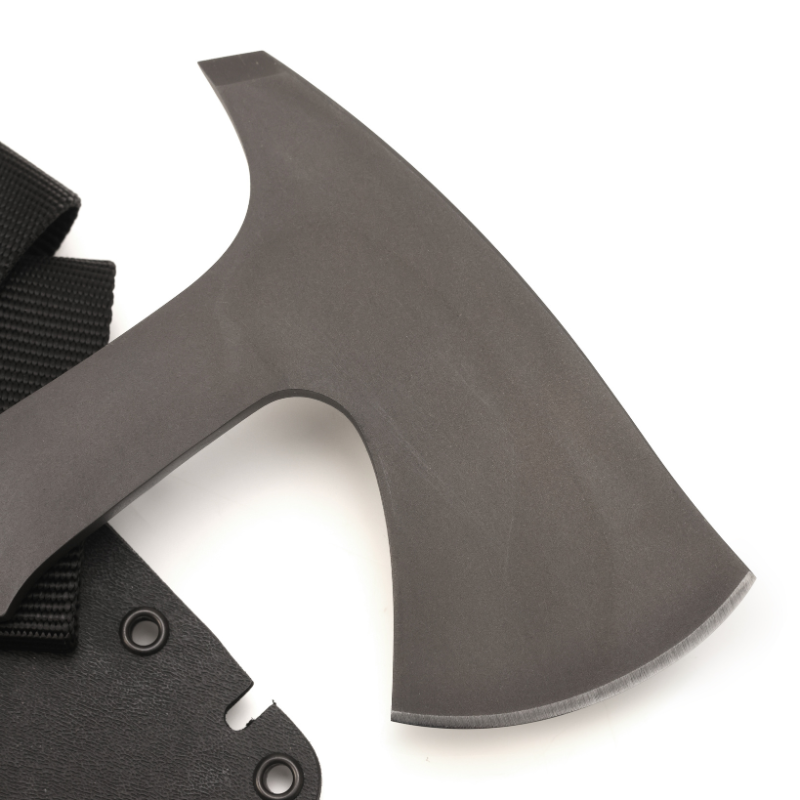 Close up of 80CrV2 steel cutting edge on Winkler Ridge Line Hatchet with black oxide finish and widened 3 inch blade profile for aggressive chopping