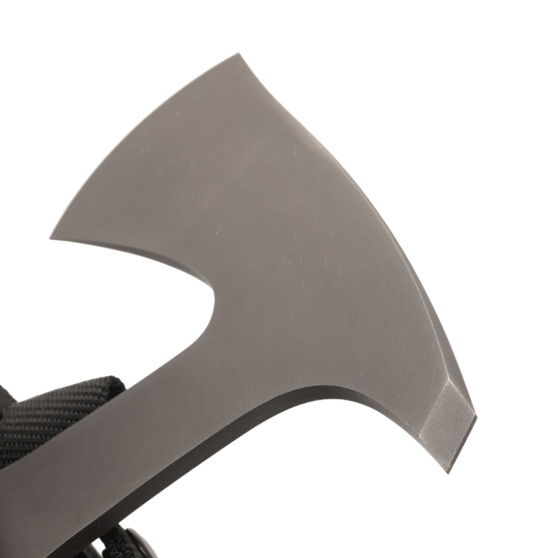 Close detail of widened 3 inch cutting edge on Winkler Ridge Line Hatchet walnut version built for high performance chopping and survival use