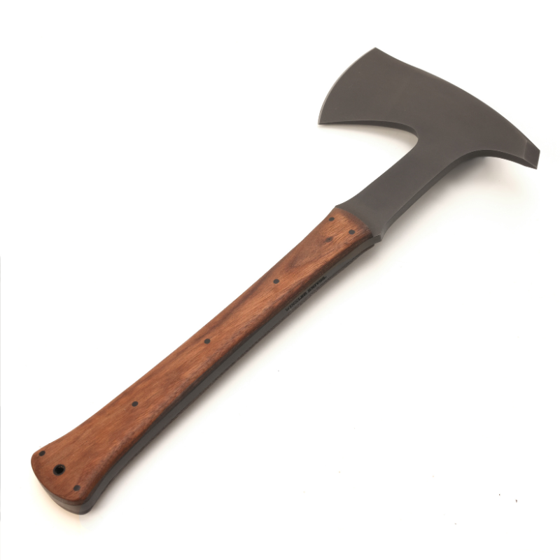 Side view of Winkler Ridge Line Hatchet walnut scales highlighting exposed full tang handle and compact tactical hatchet profile