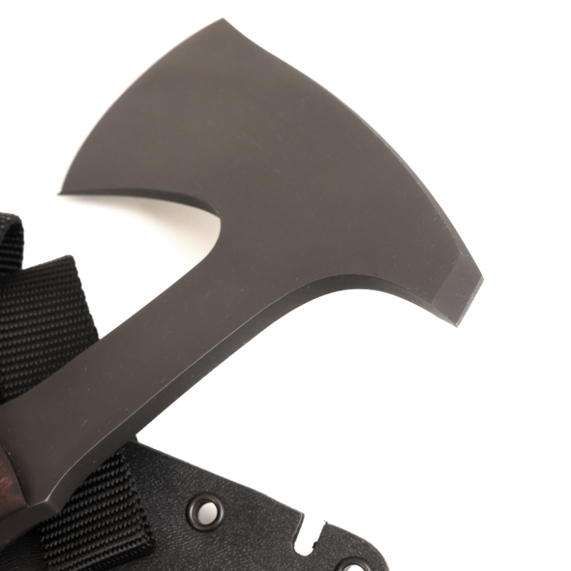 Close up of rear spike on Winkler Ridge Line Hatchet walnut handle version engineered for breaching, digging, and impact tasks