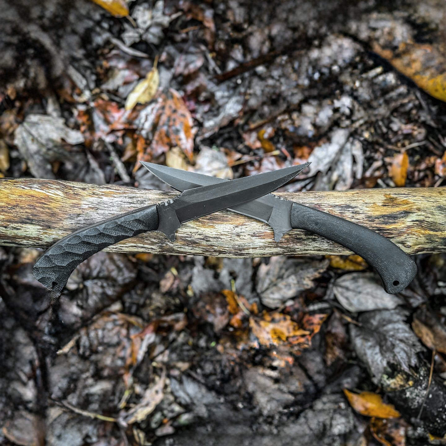 Winkler Knives Shadow Strike fixed blades in black laminate sculpted and plain handle versions crossed to compare grip texture and 80CrV2 black oxide tactical blade profile
