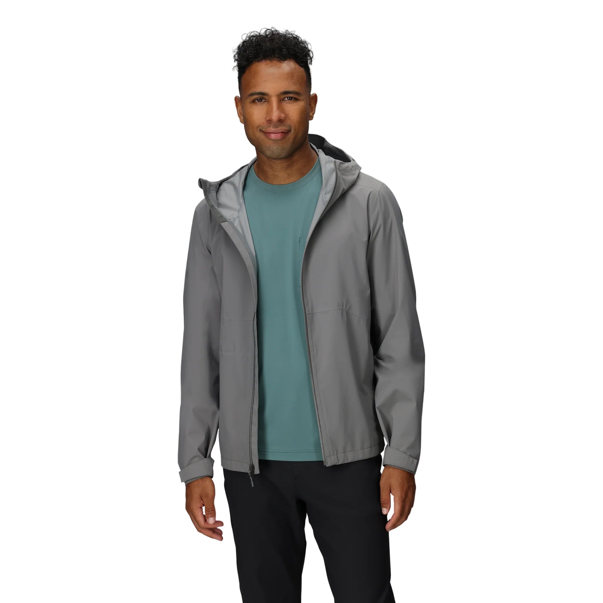 Image of the Outdoor Research Stratoburst Rain Jacket in Wolf Grey worn unzipped, showing interior venting and lightweight shell construction for hot or humid weather ops