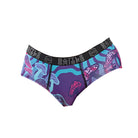 Front view of the Mushroom Trippy Women’s Battle Briefs featuring colorful psychedelic mushroom graphics, designed with a no-ride fit and moisture-wicking stretch fabric for active performance.
