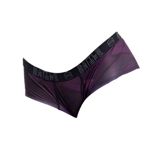 Purple Cube edition of Women’s Battle Briefs featuring bold geometric graphics, designed as athletic performance underwear with 4-way stretch and a no-ride, breathable fit.