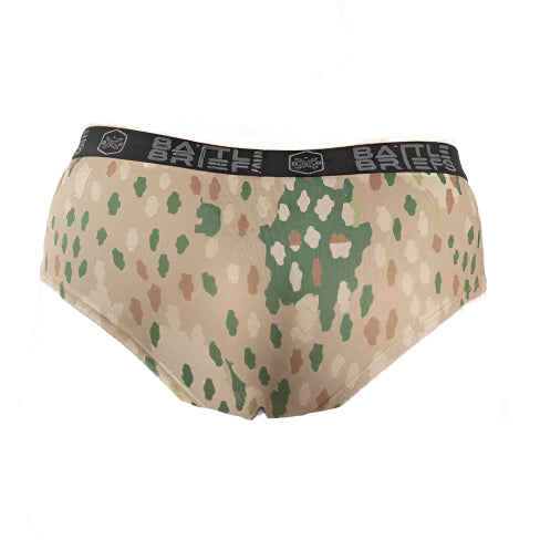 Back view of the Safari Women’s Battle Briefs showcasing bold animal print and a cheeky athletic cut, made with quick-dry, breathable stretch fabric for active performance and everyday wear.