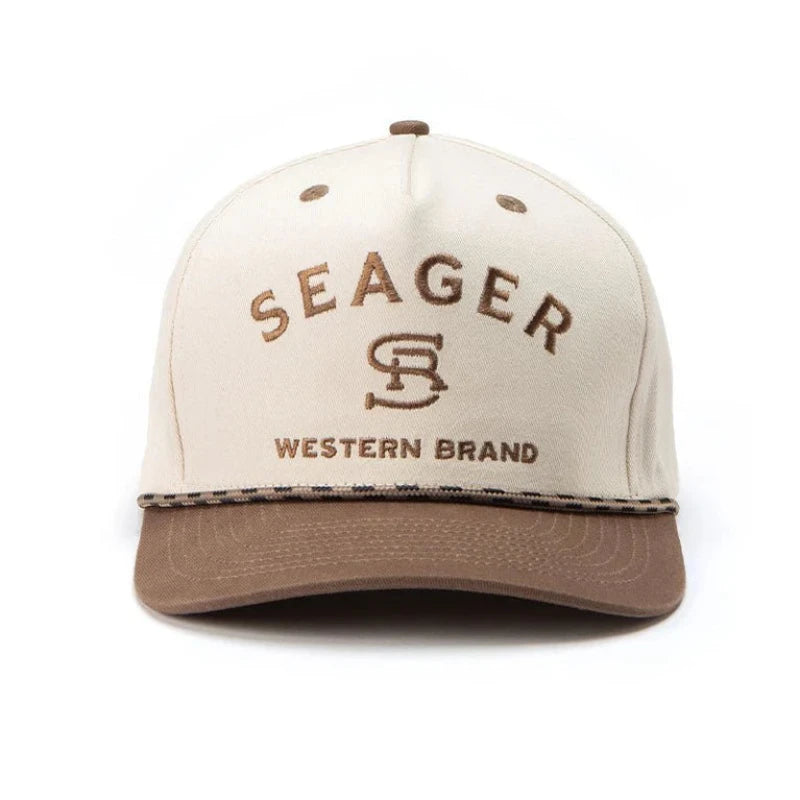 Beige and brown cap with 'Seager Western Brand' logo on a white background