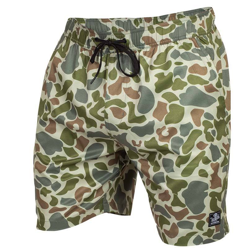 Lounge Lizard board shorts in Frogskin brown, green, and grey camouflage from Tactical Distributors