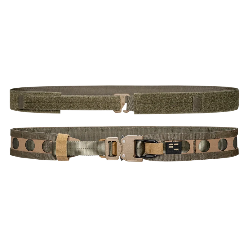 Ranger Green inner and outer tactical belts with buckles on a white background