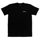 Black t-shirt with a white logo on left chest on a white background