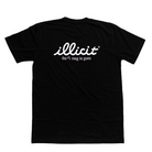 Black t-shirt with 'illicit' logo and text on a white background