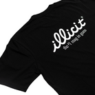 Black t-shirt with white text 'illicit' on a white background