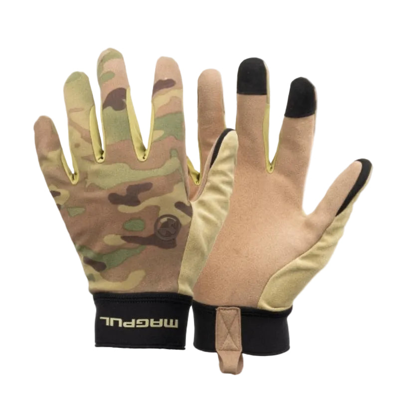 A pair of tactical gloves shown against a plain white background, displaying both the camouflage-patterned back and the tan palm side with black touchscreen-compatible fingertips.