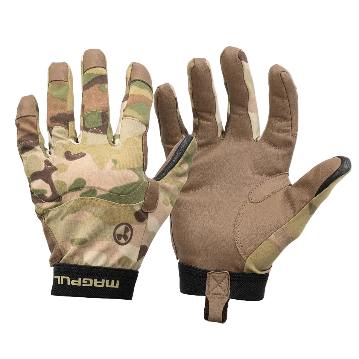 A pair of tactical gloves shown against a plain light gray background, with one glove displaying a camouflage pattern on the back and the other showing the tan palm side. The cuffs are black with a visible 'MAGPUL' brand name.