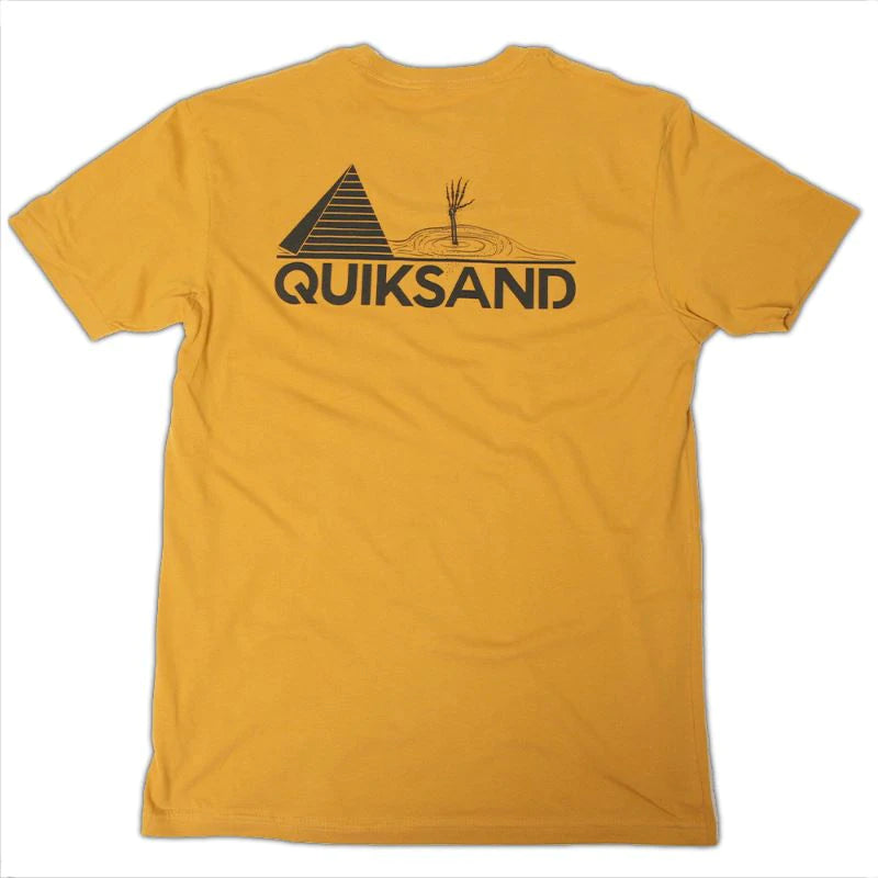 Back-facing tactical graphic tee with "Quiksand" in yellow color with pyramid and hand graphics