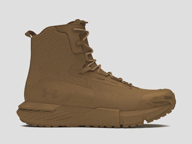 360 degree rotating view of the Under Armour Valsetz Tactical Boots showing the full boot design including synthetic upper, PU abrasion zones, Charged Cushioning midsole, and Vibram XS Trek outsole for complete tactical performance visibility.