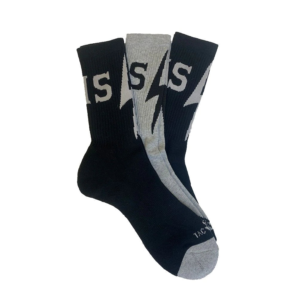 Crew socks with lightning bolt and 'TAC DIS' graphics in black or grey shown in pack of three