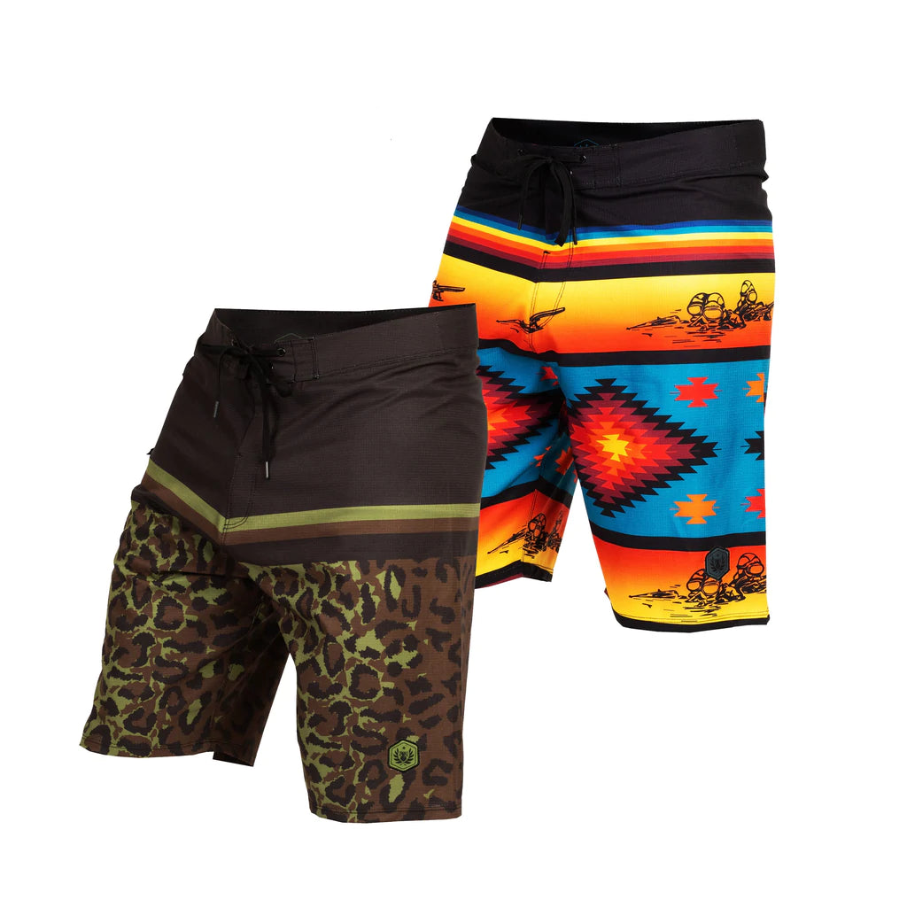 Board shorts in Santa Fe Frogmen and Zaire Leopard Camo patterns from Water Cat line