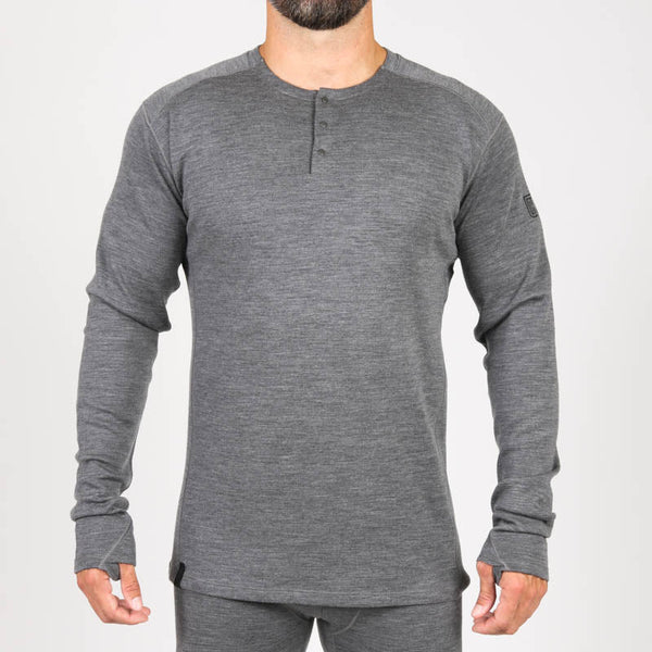 Front-facing mid-weight Merino Henley shirt in Dark Shadow grey color from MTHD brand