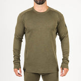 Front-facing mid-weight Merino long sleeve shirt in Burnt Olive green color from MTHD brand