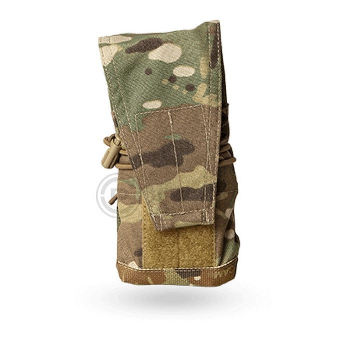 Crye Precision 5.56/7.62/MBITR Pouch in Multicam mounted on MOLLE plate carrier showing modular tactical mag and radio pouch configuration