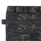 Close up detail of Crye Precision AVS Detachable Flap M4 Flat in Multicam Black showing durable tactical fabric, shock cord magazine retention, and streamlined three magazine placard construction for Crye AVS and JPC plate carrier setups