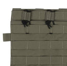 Close up detail of Crye Precision AVS Detachable Flap M4 Flat in Ranger Green showing durable tactical fabric construction, adjustable shock cord retention system, and low profile three magazine placard design for Crye AVS and JPC plate carriers