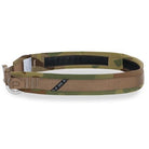 Angled view of the Crye Precision RANGE BELT in Multicam highlighting the quick-release buckle, pre-curved profile, and low-profile tactical construction.