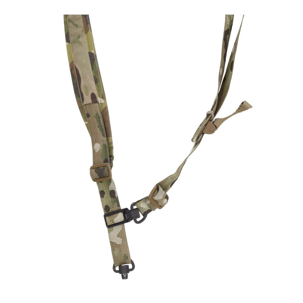 Ferro Concepts D Loop QD Swivel installed on 1 inch sling webbing showing secure attachment point and low profile design
