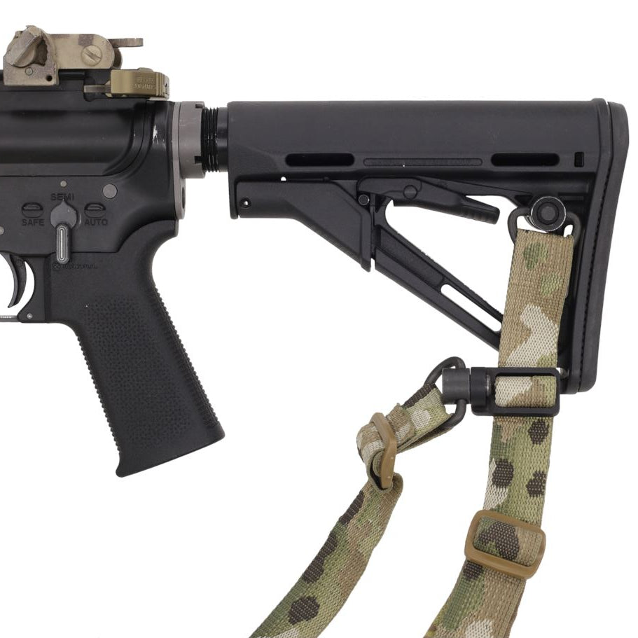 Ferro Concepts D Loop QD Swivel attached to rifle stock QD socket showing Slingster compatible rear sling mounting configuration