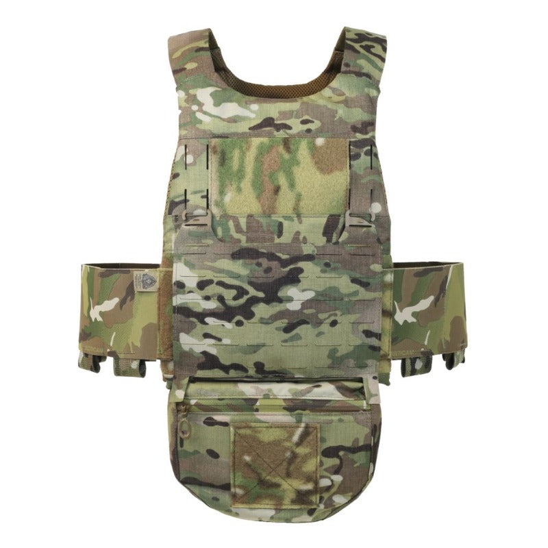 Rear view of tactical plate carrier setup featuring Ferro Concepts The Dangler as part of complete load bearing system