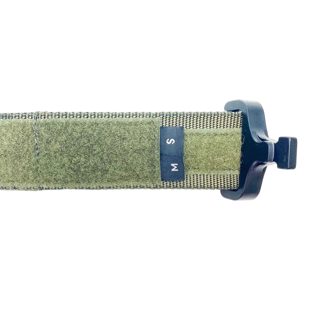 Close up detail of GBRS Group Assaulter Belt System V2 showing AustriAlpin Cobra buckle with D-ring and loop Velcro interior, Type 13 webbing construction and reinforced stitching on tactical operator gun belt