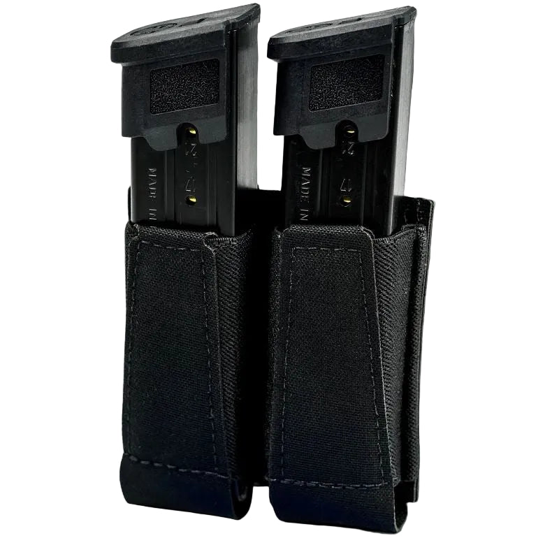 GBRS Group Double Pistol Magazine Pouch in Black displayed in a standard product shot, highlighting the open-top elastic retention, streamlined Squadron laminate construction, and MOLLE and belt-compatible mounting for tactical pistol reloads.