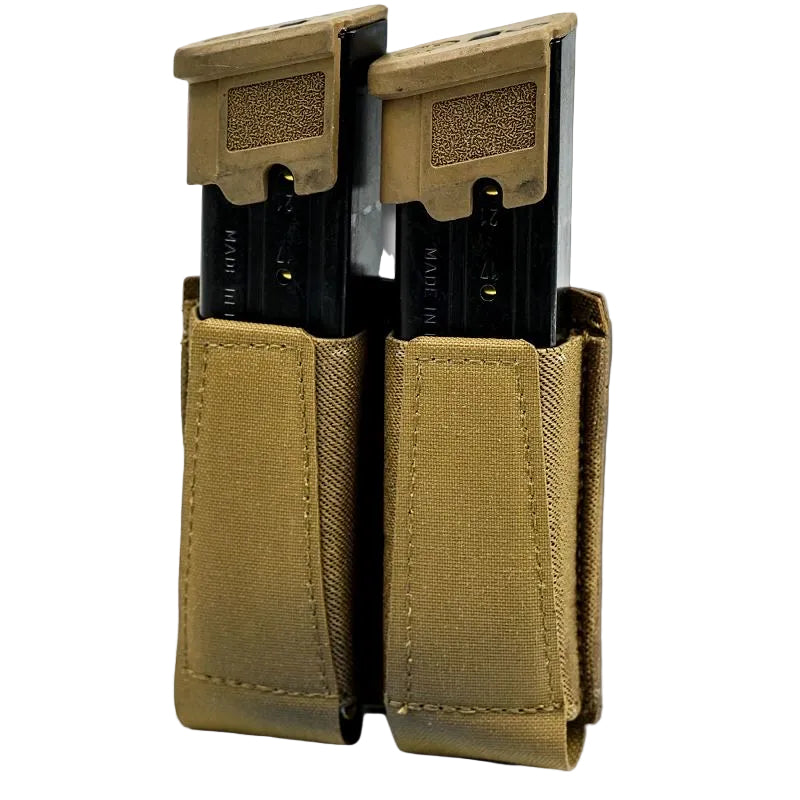 GBRS Group Double Pistol Magazine Pouch in Coyote shown in a clean product shot, highlighting open-top friction retention, laser-cut Squadron laminate construction, and compatibility with Glock, SIG P320, 2011, and other double-stack magazines.