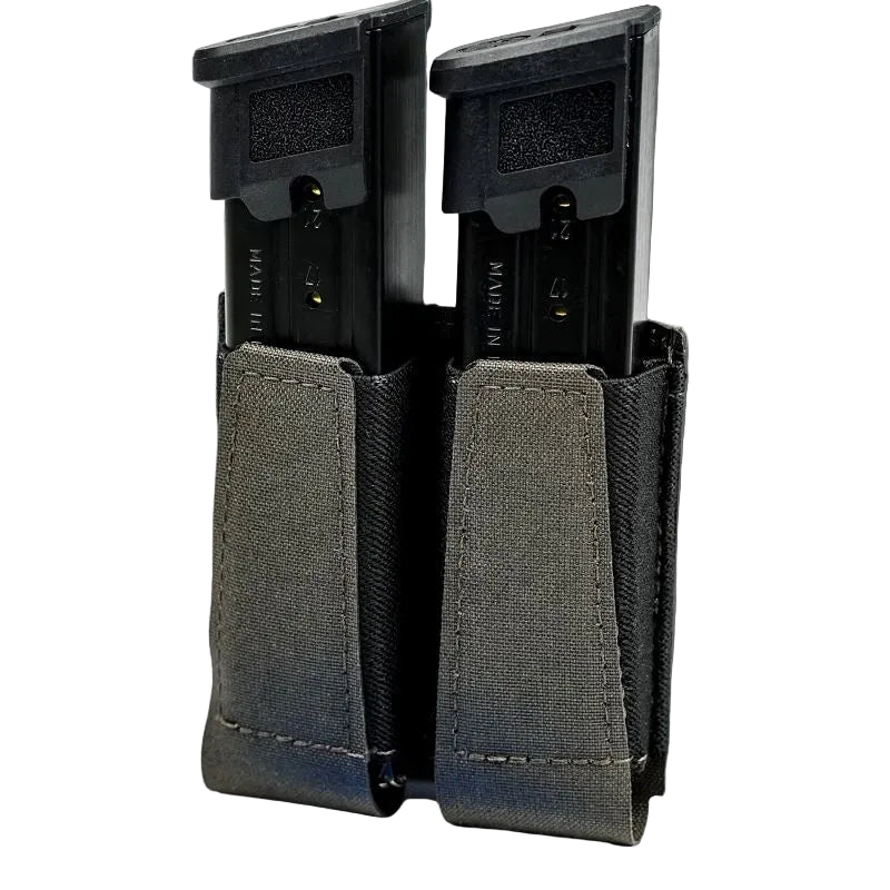 GBRS Group Double Pistol Magazine Pouch in MAS Grey shown in a front product view, featuring dual open-top mag cells, elastic retention, and laser-cut Squadron laminate for secure, low-profile pistol magazine carry.