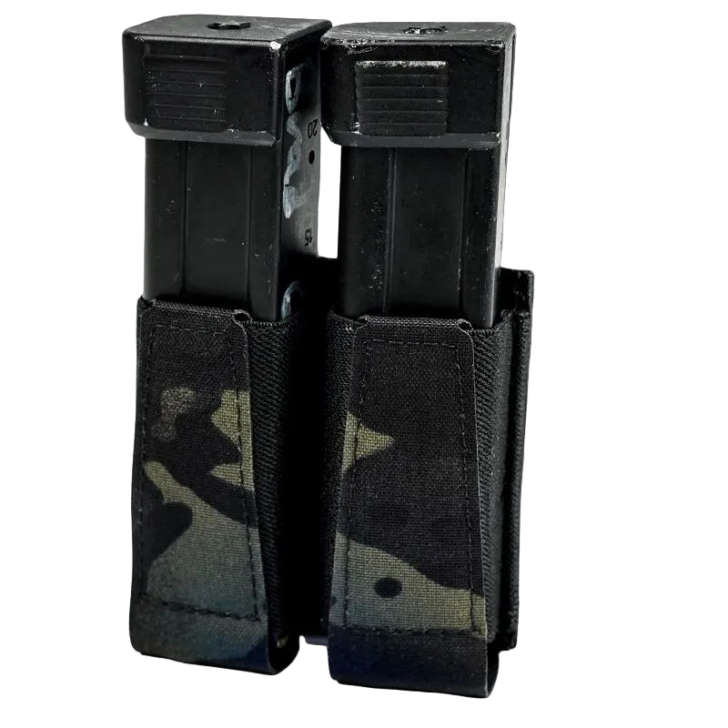 GBRS Group Double Pistol Magazine Pouch in Multicam Black shown in a clean product shot, featuring dual open-top mag cells, elastic retention, and laser-cut Squadron laminate for low-profile tactical carry.