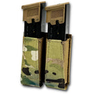 Front view of the GBRS Group Double Pistol Magazine Pouch in Multicam, highlighting the open-top dual mag cells, heavy poly elastic retention, and low-profile laser-cut Squadron laminate ideal for tactical reload setups.