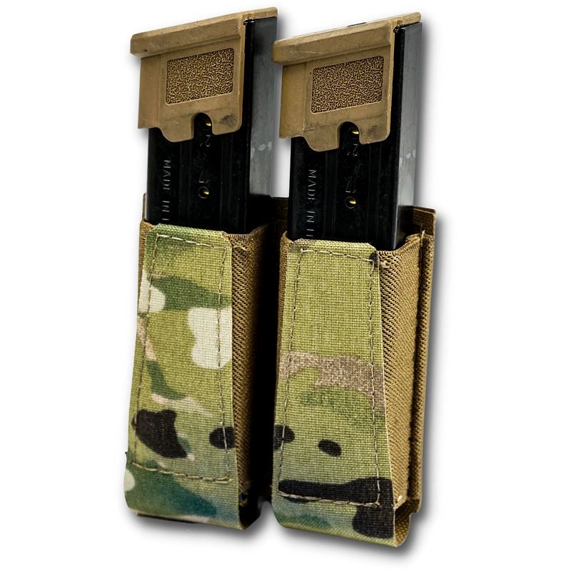 Front view of the GBRS Group Double Pistol Magazine Pouch in Multicam, highlighting the open-top dual mag cells, heavy poly elastic retention, and low-profile laser-cut Squadron laminate ideal for tactical reload setups.