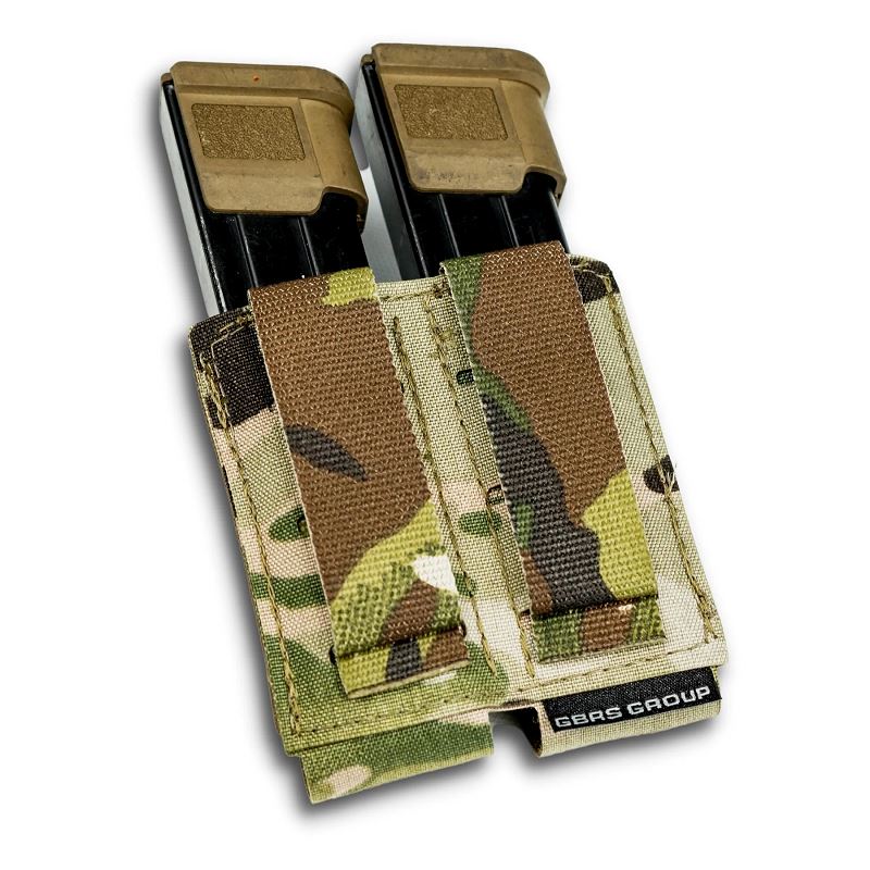 Rear view of the GBRS Group Double Pistol Magazine Pouch in Multicam, showing MOLLE and belt-compatible mounting loops, laser-cut Squadron laminate construction, and GBRS Group branding for secure tactical magazine retention.