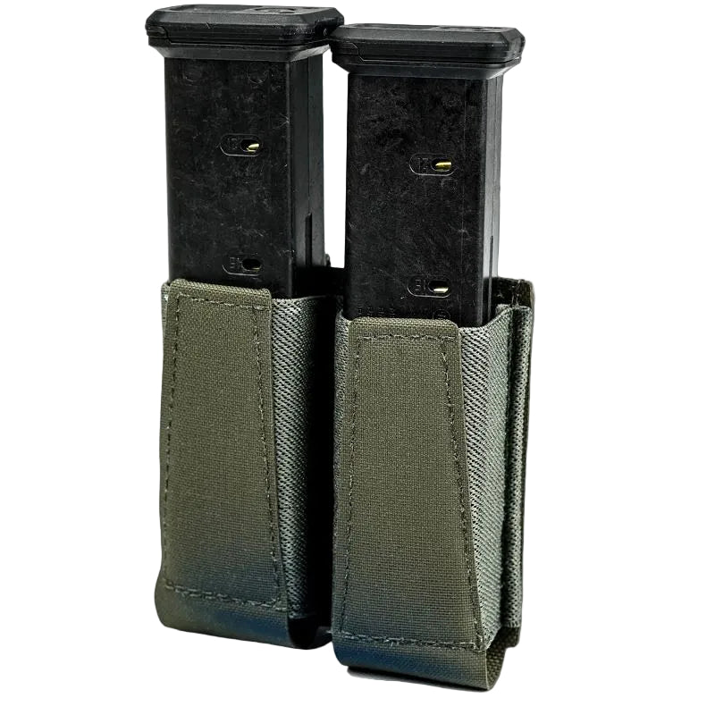 GBRS Group Double Pistol Magazine Pouch in Ranger Green displayed in a clean front product view, highlighting the dual open-top elastic retention cells and laser-cut Squadron laminate for secure, streamlined pistol magazine carry on belts or MOLLE gear.
