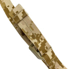 Close up detail of GBRS Group SBS Sling in Desert Digi camouflage pattern showing material texture, reinforced stitching, and minimalist lightweight webbing construction on adjustable tactical rifle sling made in the USA