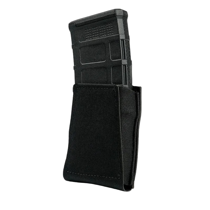 GBRS Group Single Rifle Magazine Pouch in Black shown in a standard product view, featuring open-top friction retention with heavy poly elastic and laser-cut Squadron laminate for secure AR and AK magazine carry on belts, chest rigs, and plate carriers.