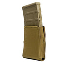 GBRS Group Single Rifle Magazine Pouch in Coyote displayed in a clean front view, showing the open-top elastic retention and laser-cut Squadron laminate engineered for secure AR and AK mag carry on MOLLE belts, chest rigs, and tactical plate carriers.