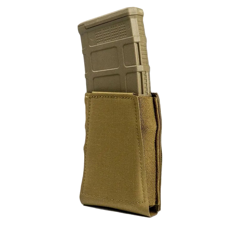 GBRS Group Single Rifle Magazine Pouch in Coyote displayed in a clean front view, showing the open-top elastic retention and laser-cut Squadron laminate engineered for secure AR and AK mag carry on MOLLE belts, chest rigs, and tactical plate carriers.