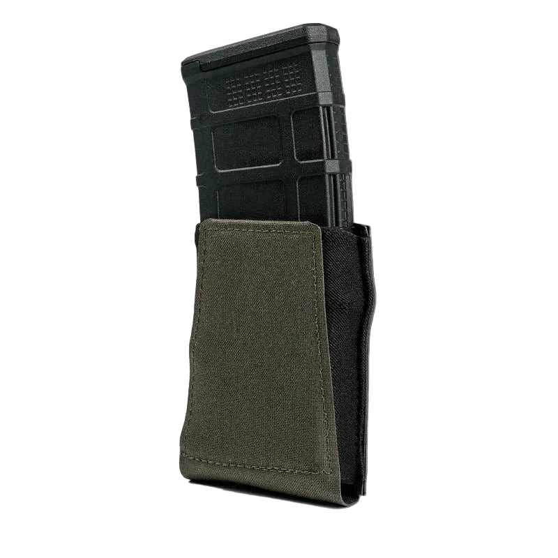 GBRS Group Single Rifle Magazine Pouch in MAS Grey displayed in a clean product view, highlighting the open-top friction retention, heavy poly elastic, and laser-cut Squadron laminate designed for secure AR and AK mag carry on MOLLE belts, rigs, and plate carriers.